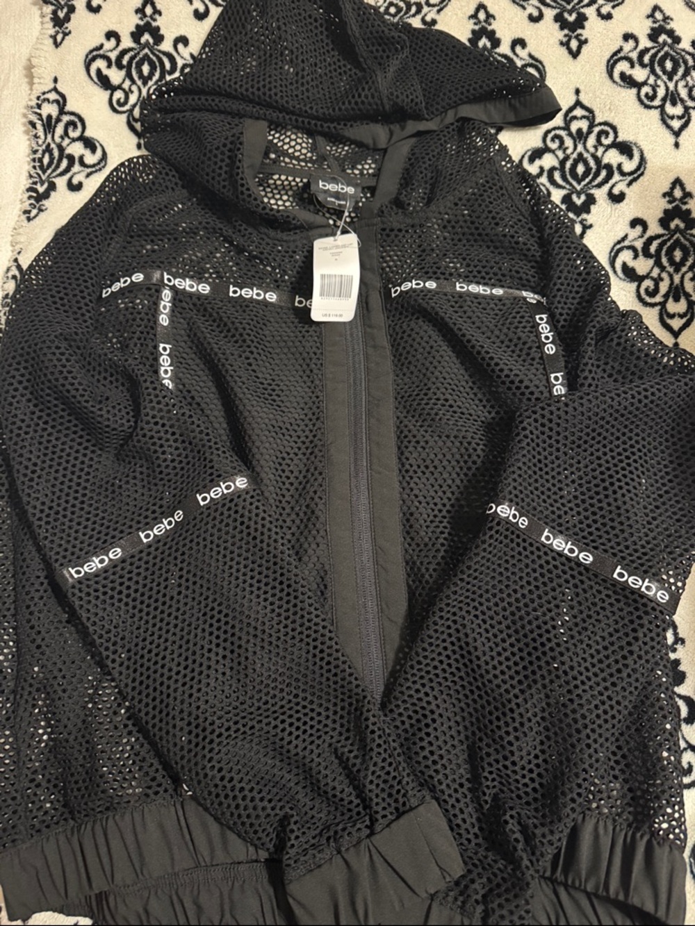 bebe Black Mesh Logo-Trim Hooded Jacket